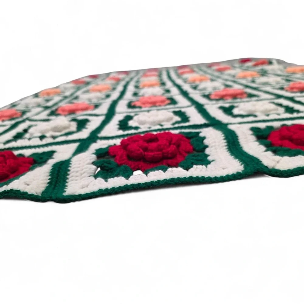 Handmade Crochet Knit Throw Granny Blanket 3D Afghan Roses Square Floral Cottage